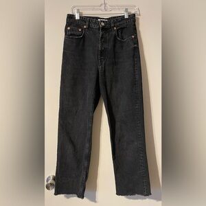 Zara High Rise Raw Hem Straight Leg Black Jeans Size 6